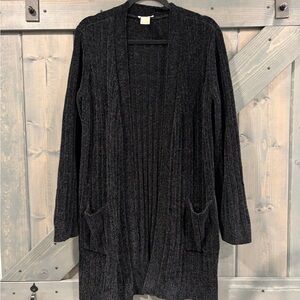 Matty M Charcoal Black Ribbed Open-Front Long Cardigan Pockets Women’s XL